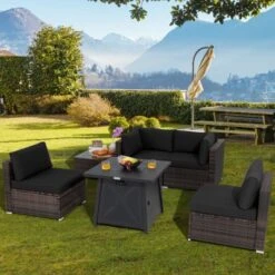 Tangkula 6-Piece Patio Furniture Set W/ 30" Propane Fire Pit Table Outdoor PE Wicker Conversation Set W/ Cushions &Tempered Glass Coffee Table