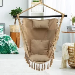 Tangkula Hammock Chair W/ Soft Pillow Cushions Pocket Hanging Rope Swing Steel Bar