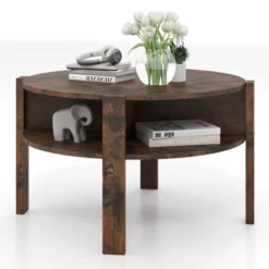 Tangkula Round Coffee Table With 4 Side Compartments 2-Tier Circle Coffee Table -Beauty house GUEST 1b1153ee f641 43a9 94b4 e2f3a5e72968