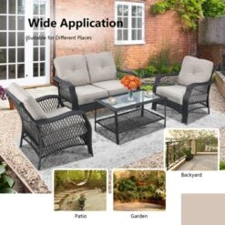 Tangkula 4PCS Patio Rattan Furniture Set Outdoor Conversation Set W/Tempered Glass Coffee Table Beige -Beauty house GUEST 1b16aff2 af1c 40cb 90fd 312746de1f11