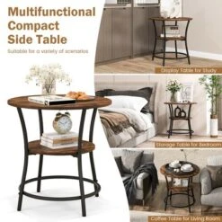 Tangkula 2-Tier Side Table Compact Round Metal Frame Coffee Table W/ Open Shelf Brown -Beauty house GUEST 1b9bcef0 db2e 42b8 a7f0 b0622c573401