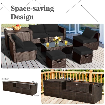 Tangkula 9PCS Outdoor Patio Furniture Set With 30" Propane Fire Pit Table PE Wicker Space-Saving Sectional Sofa Set W/ Storage Box & Cushions 9 Tangkula 9PCS Outdoor Patio Furniture Set With 30" Propane Fire Pit Table PE Wicker Space-Saving Sectional Sofa Set W/ Storage Box & Cushions - Image 7