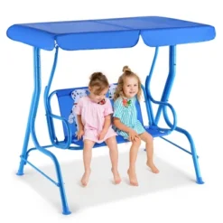 Tangkula Kids Patio Porch Bench Swing W/ Safety Belt Canopy Outdoor Furniture Blue -Beauty house GUEST 1c32e3f9 83d4 41ee 8a50 79b0e0c8b3ab