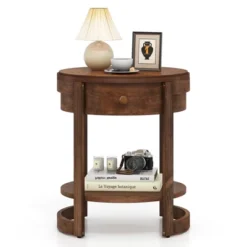 Tangkula 2-Tier Nightstand W/ Shelf & Wood Grains Drawer Round White/Brown -Beauty house GUEST 1ce4fad5 ab4a 4951 be15 1c26d2693022
