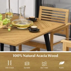 Tangkula Outdoor Dining Table 42.5” Acacia Wood Patio Table With 1.9” Umbrella Hole Metal Legs & Adjustable Foot Pads Farmhouse Bistro Table