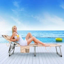Tangkula Portable Beach Chaise Lounge Chair Folding Reclining Chair W/ Facing Hole Beige
