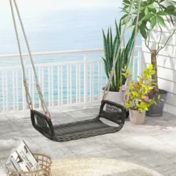 Tangkula 1-Person Rattan Porch Swing Single Swing Chair Bench W/ Hanging Hemp Ropes Outdoor