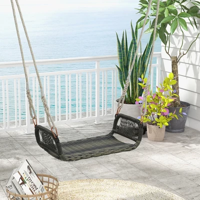 Tangkula 1-Person Rattan Porch Swing Single Swing Chair Bench W/ Hanging Hemp Ropes Outdoor 3 Tangkula 1-Person Rattan Porch Swing Single Swing Chair Bench W/ Hanging Hemp Ropes Outdoor