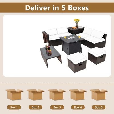 Tangkula 9PCS Outdoor Patio Furniture Set With 30" Propane Fire Pit Table PE Wicker Space-Saving Sectional Sofa Set W/ Storage Box & Cushions 5 Tangkula 9PCS Outdoor Patio Furniture Set With 30" Propane Fire Pit Table PE Wicker Space-Saving Sectional Sofa Set W/ Storage Box & Cushions - Image 3