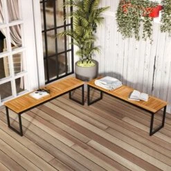 Tangkula Patio Dining Bench Set Of 2, 2-3-person Backless Bench With Slatted Seat & Metal Legs Outdoor Bench For Entryway Garden Poolside Natural -Beauty house GUEST 20c0389c 6842 495f 8609 678ac9d1c15a