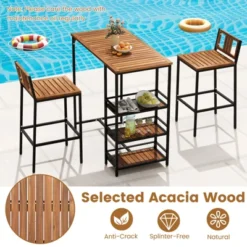 Tangkula 3 Pieces Outdoor Wood Bar Set W/ 3-Tier Storage Shelf & Metal Frame For Backyard -Beauty house GUEST 22800a3d 33e2 47c1 a1de 92e69591382d
