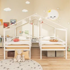 Tangkula Double Twin Size Bed Frames For Kids With Built-in Table & USB Port Guardrails -Beauty house GUEST 22d5aa60 2d25 49f0 aed5 e248174083b4
