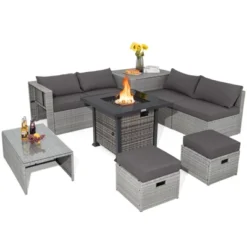 Tangkula 9 Pieces Outdoor Patio Furniture Set W/ 32" Propane Fire Pit Table Sectional Sofa Set W/ Storage Box Black/Gray/Navy/Red/Turquoise/Off White -Beauty house GUEST 23db75c8 aa70 4e24 9af2 b1881e5f0630