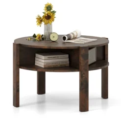 Tangkula 29.5" 2-Tier Round Coffee Table W/ Storage 4 Shelves Faux Wooden Top -Beauty house GUEST 23ef9197 bfd2 432f a09f 399570cf095d