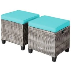 Tangkula Set Of 2 Outdoor Rattan Cushioned Ottoman Seat All Weather Patio Footrest Red/Turquoise -Beauty house GUEST 24356d45 2c16 45e1 8348 ae2b15c20888