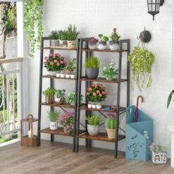 Tangkula 4-Tier Ladder Bookshelf Industrial Wooden Bookcase With Metal Frame Anti-Toppling Device Rack Rustic Brown/Gray Oak -Beauty house GUEST 2451e623 a0da 41ce a0b9 9f5f2ef10c0d