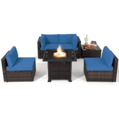 Tangkula 6 Piece Patio Wicker Conversation Set, Outdoor Rattan Sofa Set W/ 32" Propane Fire Pit Table, 50,000 BTU Heat, Tempered Glass Tabletop Black/Navy Blue/Red/Turquoise/Off White -Beauty house GUEST 245ba2c3 4f6f 49f9 9259 cbd885f7a4c4