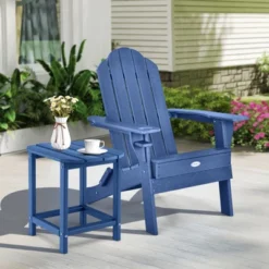 Tangkula 2 PCS Patio Folding Adirondack Chair Side Table Cup Holder HDPE Navy