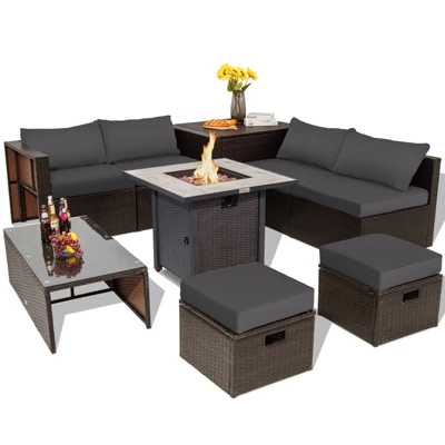 Tangkula 9 PCS Outdoor Patio Furniture Set W/ 30" Propane Fire Pit Table PE Wicker Space-Saving Sectional Sofa W/ Storage Box And Cushions Black/Gray/Navy/Red/Turquoise/Off White 13 Tangkula 9 PCS Outdoor Patio Furniture Set W/ 30" Propane Fire Pit Table PE Wicker Space-Saving Sectional Sofa W/ Storage Box And Cushions Black/Gray/Navy/Red/Turquoise/Off White - Image 11