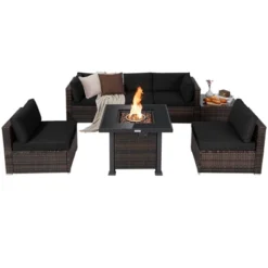Tangkula Patio Rattan 7PCS Cushioned Chair Set Furniture Set Thick Cushion W/ 50,000 BTU Propane Fire Pit Table For Garden Black/Navy/Red/Turquoise/Off White -Beauty house GUEST 2588baa1 d80e 4f2d 9c5a 715de2f596c1