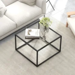 Tangkula Glass Coffee Table 27.5 Inch Modern Square Metal Frame Living Room Transparent