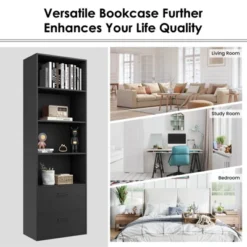 Tangkula 74” Tall Bookcase 4-tier Open Bookshelf With 2 Slide-out Drawers Modern Display Shelf With Anti-toppling Device Multipurpose Wooden Storage Organizer White/Black -Beauty house GUEST 26a3c261 e657 41a8 a362 1bb5b1bfa3c8