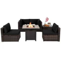 Tangkula 6 PCS Patio Wicker Furniture Set With 30" Gas Fire Pit Table 50,000 BTU Black/Red/Turquoise/Navy/White Cushions -Beauty house GUEST 26ab4e75 f6c3 4077 b9d7 7809e0d579dc