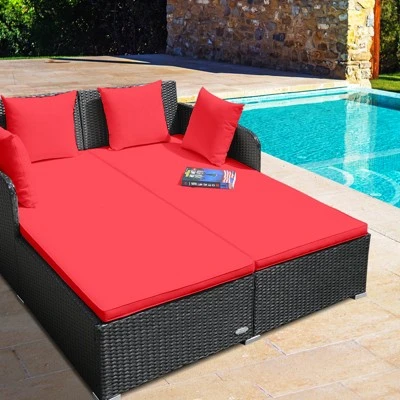 Tangkula Patio Rattan Daybed With 4 Pillows Cushioned Sofa For Outdoor 5 Tangkula Patio Rattan Daybed With 4 Pillows Cushioned Sofa For Outdoor - Image 3