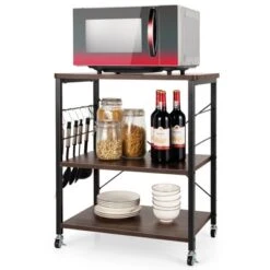 Tangkula Kitchen Baker's Rack 3-Tier Microwave Cart With Wheels&10 Hooks Rustic Brown/Maple/Vintage/Nut Brown -Beauty house GUEST 2926449a 3734 4d29 bd6c 90e8156802cf