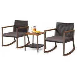 Tangkula 3PCS Rattan Rocking Chair Bistro Set Armrest Cushion Table W/ Storage Shelf Patio -Beauty house GUEST 295445a0 0fb8 4827 8048 9798395e61cc