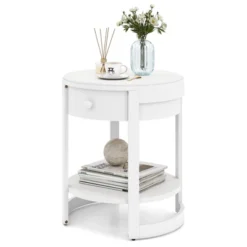 Tangkula 2-Tier Nightstand W/ Shelf & Wood Grains Drawer Round White/Brown -Beauty house GUEST 2956a5ee 9d15 4a70 b084 750f086b9fa7