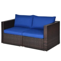 Tangkula 2PCS Rattan Corner Sofa Set Patio Outdoor Furniture Set W/ 4 Navy Cushions