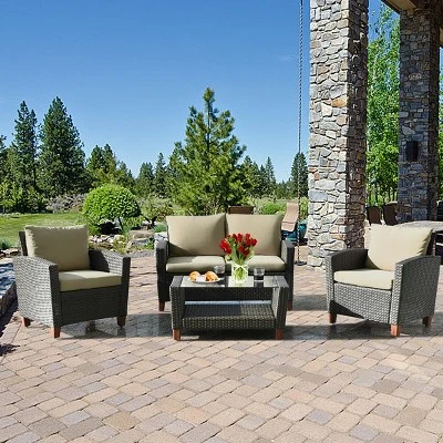 Tangkula 4PCS Cushioned Rattan Conversation Set W/ Coffee Table Patio Outdoor 3 Tangkula 4PCS Cushioned Rattan Conversation Set W/ Coffee Table Patio Outdoor