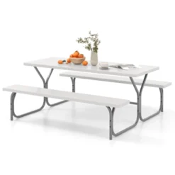 Tangkula Picnic Table Bench Set For 8 Person Outdoor Camping Table & 2 Benches With Metal Frame All-Weather Tabletop Black/Grey/Green/White -Beauty house GUEST 2ab8f1fe 9605 4b45 8aed 88d4f8d90fdf