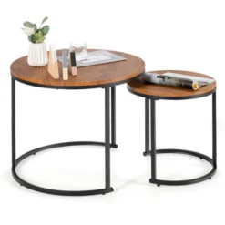 Tangkula 2PCS Stacking Metal Legs Modern Side Round Nesting Coffee Table W/ Wooden Tabletop For Living Room Rustic Brown/Brown 15 Tangkula 2PCS Stacking Metal Legs Modern Side Round Nesting Coffee Table W/ Wooden Tabletop For Living Room Rustic Brown/Brown -Beauty house GUEST 2b98c11e 8db2 447e a55e 7ff49d648a3f