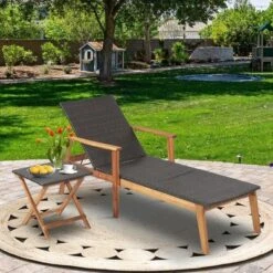 Tangkula 2PCS Patio Lounge Chair Adjustable Recliner Chair Acacia Wood Frame Folding Table Set