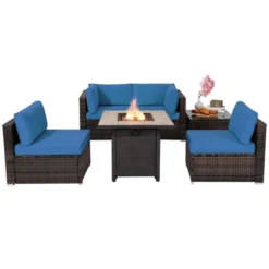 Tangkula 6 PCS Patio Wicker Furniture Set With 30" Gas Fire Pit Table 50,000 BTU Black/Red/Turquoise/Navy/White Cushions -Beauty house GUEST 2c27aecc f3df 4b4d b87e cbee857d5d76