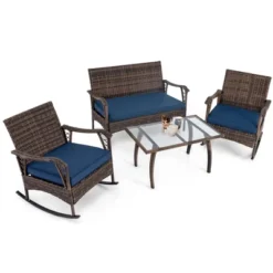 Tangkula Set Of 4 Wicker Rocking Set 2 Patio Rattan Rocker Chairs W/Loveseat & Coffee Table Heavy-Duty Metal Frame & Bungee Rope Seat Navy -Beauty house GUEST 2c82afdc f17c 4957 94f3 3c794230296d