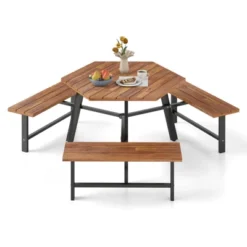 Tangkula 6 Person Acacia Wood Picnic Table Bench Set W/3 Seats Umbrella Hole Metal Frame -Beauty house GUEST 2cfcd67b 99ec 45ac 8cfc 5891d69938fd