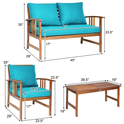 Tangkula 8pcs Wooden Patio Furniture Set Table & Sectional Sofa W/ Turquoise Cushion 10 Tangkula 8pcs Wooden Patio Furniture Set Table & Sectional Sofa W/ Turquoise Cushion - Image 8