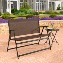 Tangkula Foldable Garden Bench 2-person Patio Loveseat With Fabric Backrest And Metal Armrests Portable Outdoor Loveseat Bench