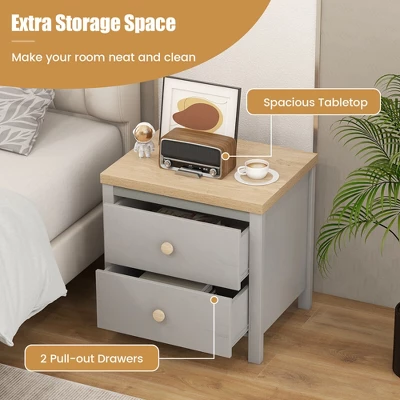 Tangkula 2 PCS Nightstand Farmhouse Side End Table W/ Solid Wood Legs & 2 Drawers 5 Tangkula 2 PCS Nightstand Farmhouse Side End Table W/ Solid Wood Legs & 2 Drawers - Image 3