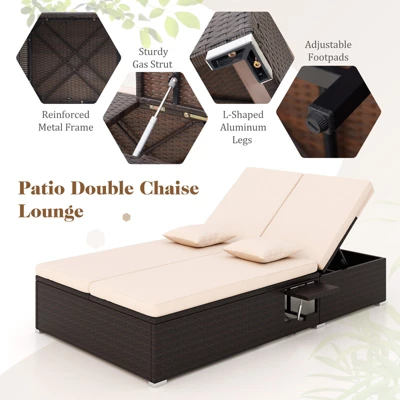 Tangkula Patio Double Chaise Lounge 6 Position Adjustable Wicker Recliner Bed With Cushions & Folding Side Trays 9 Tangkula Patio Double Chaise Lounge 6 Position Adjustable Wicker Recliner Bed With Cushions & Folding Side Trays - Image 7