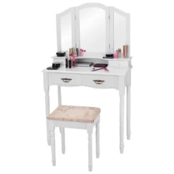 Tangkula Tri Folding Vanity Mirror Makeup Table Set W/4 Drawers & Stool White -Beauty house GUEST 2ebae3dc 24dd 4b74 86da 788ca9b1a02c