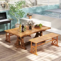 Tangkula 2 PCS 51 Inches Acacia Wood Outdoor Bench W/ Slatted Seat & X-Shaped Frame