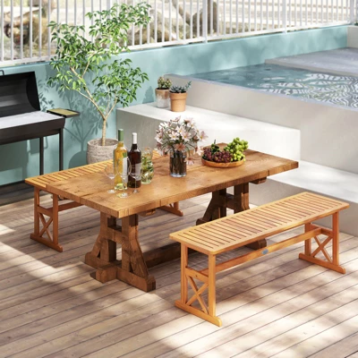 Tangkula 2 PCS 51 Inches Acacia Wood Outdoor Bench W/ Slatted Seat & X-Shaped Frame 3 Tangkula 2 PCS 51 Inches Acacia Wood Outdoor Bench W/ Slatted Seat & X-Shaped Frame