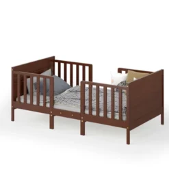 Tangkula 2-in-1 Convertible Kids Furniture Bed Toddler Crib With 2 Side Safety Guardrails White/Brown -Beauty house GUEST 30197aff b2b2 41b1 a30a 8f2b9b1da4ec