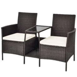 Tangkula Patio Loveseat 2 Person Cushioned Seats With Center Table Outdoor Rattan Furniture Set Turquoise/ Red -Beauty house GUEST 307176b6 9b16 4667 a45b feb0d73560b5