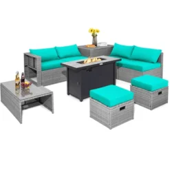 Tangkula 9 PCS Patio Furniture Set With 42" 60,000 BTU Fire Pit Outdoor Space-Saving Sectional Sofa Set With Storage Box Black/Gray/Navy/Red/Turquoise/Off White -Beauty house GUEST 31749273 6e16 48ca 8732 2e73391ab8df