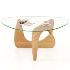 Tangkula Triangle Coffee Table W/ Tempered Glass Top & Adjustable Rubber Wood Base -Beauty house GUEST 3230405b 9d38 40c3 b828 01a79942703d